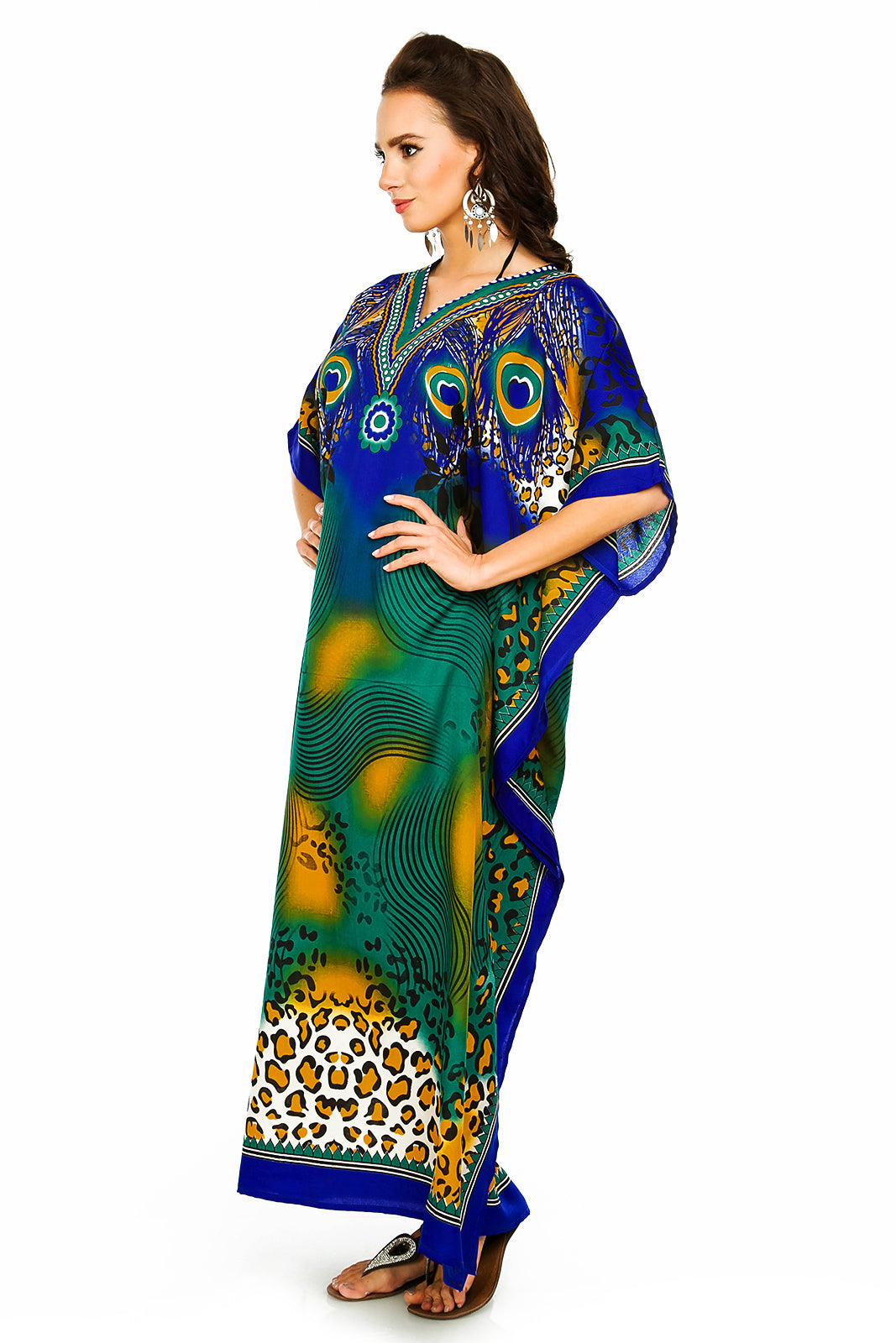 Ladies Full Length Tribal Print Maxi KaftanDress in Blue