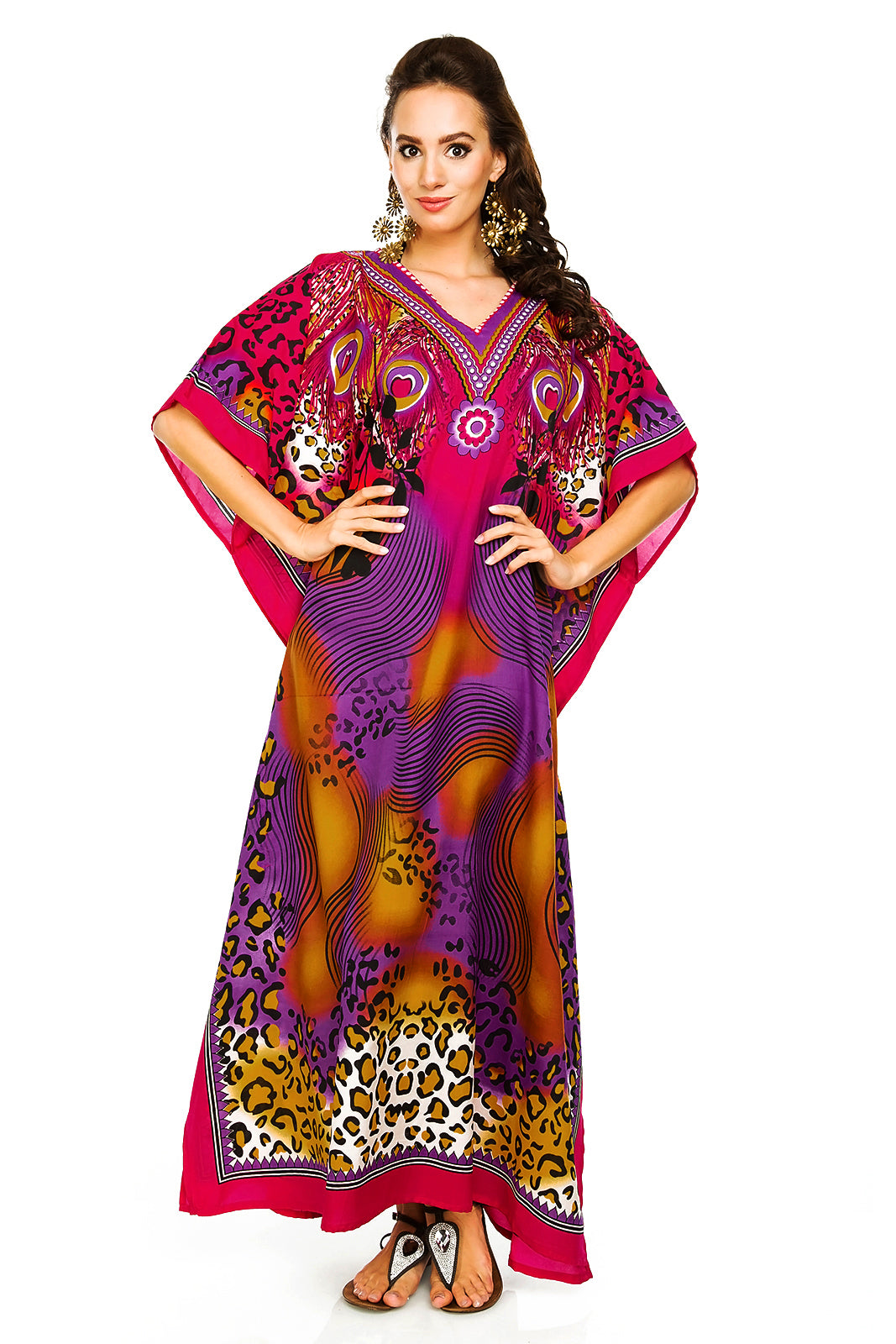 Ladies Full Length Tribal Print Maxi KaftanDress in pINK