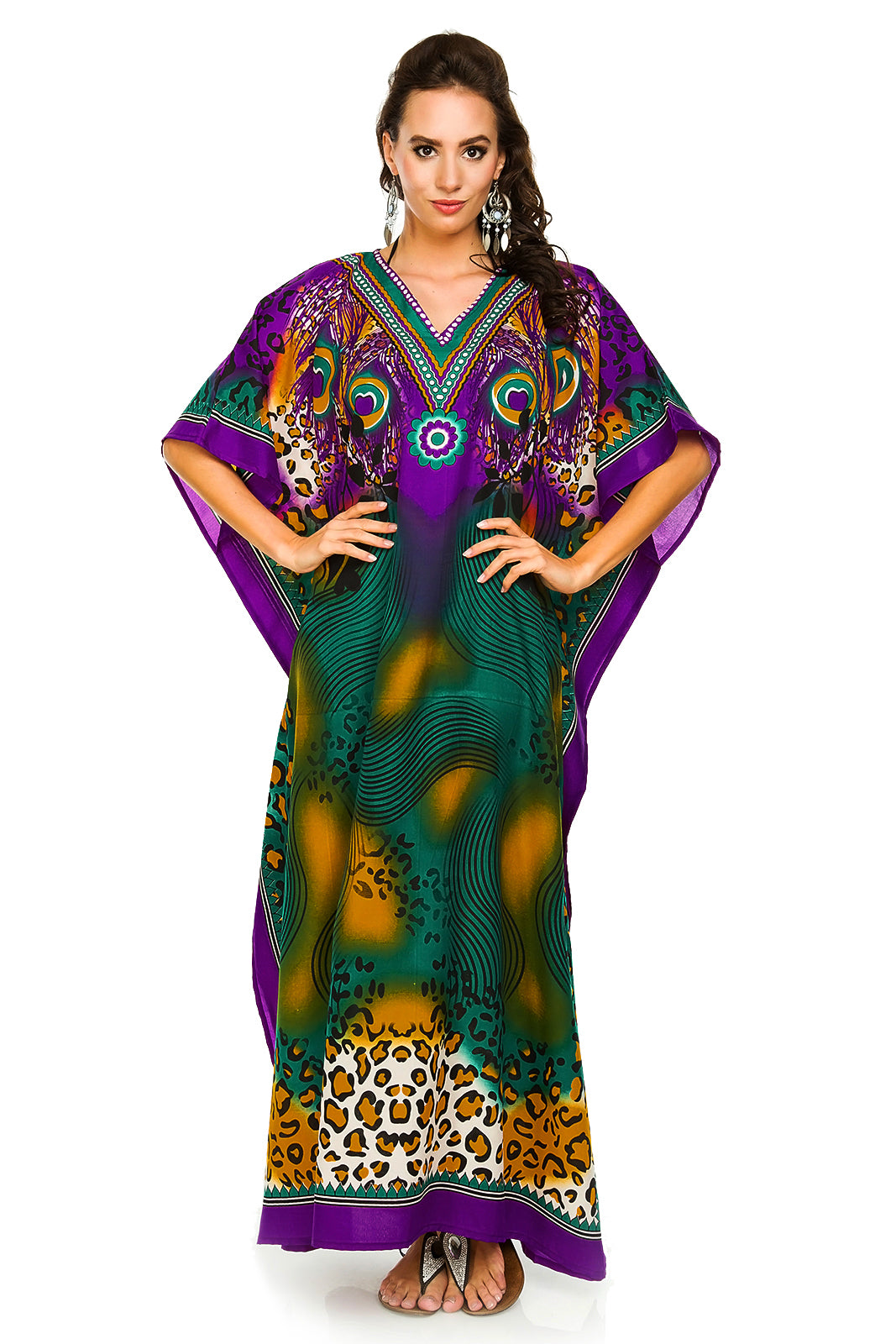 Ladies Full Length Tribal Print Maxi KaftanDress in Purple