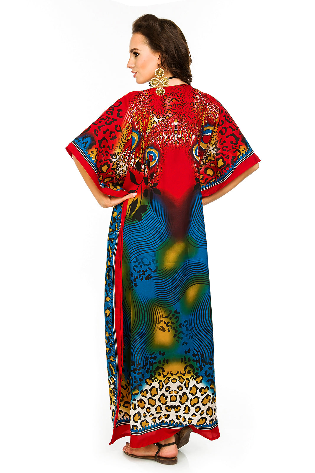 Ladies Full Length Tribal Print Maxi KaftanDress in Red