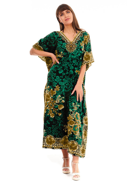 Ladies Full Length Maxi Kaftan Floral Dress in Forest Green