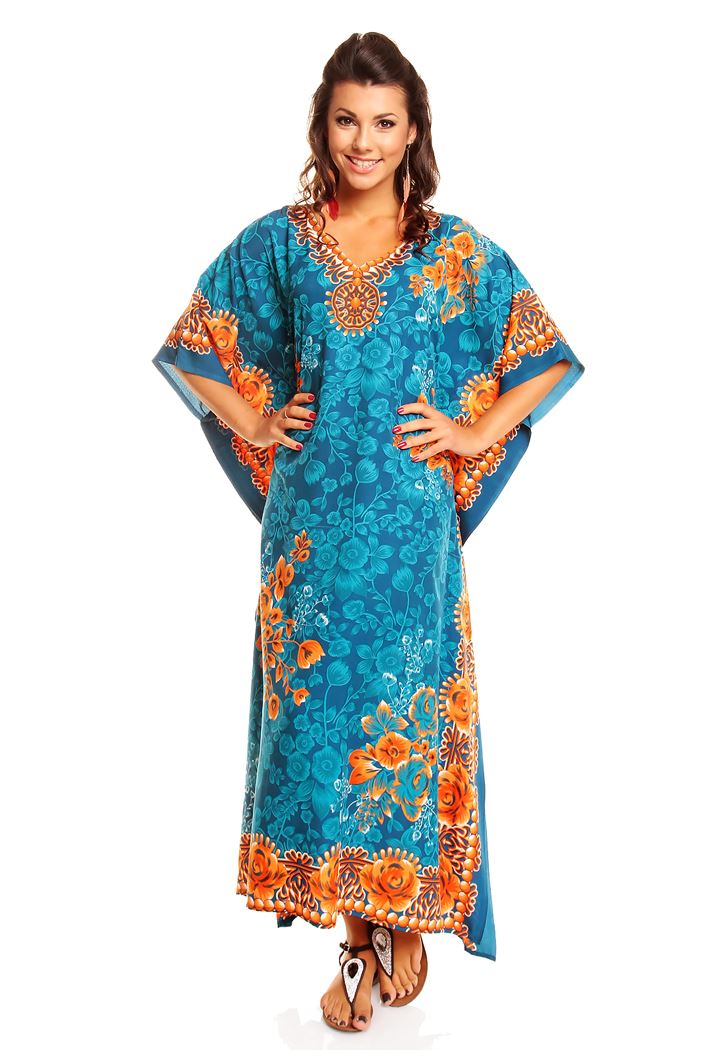 Ladies Full Length Maxi Kaftan Floral Dress in Teal
