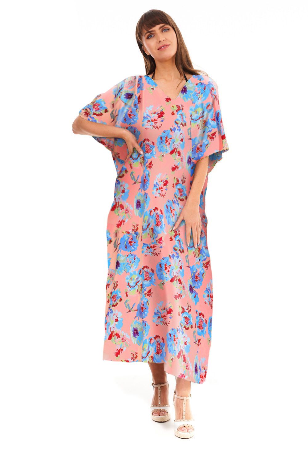 Ladies Floral Full Length Maxi Kaftan Beach Dress - Pink Looking Glam Ladies Floral Full Length Maxi Kaftan Beach Dress - Pink Looking Glam