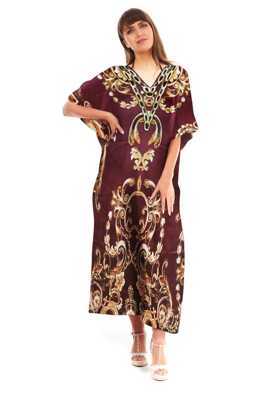 Ladies Full Length Maxi Kaftan Chain Print in Burgundy