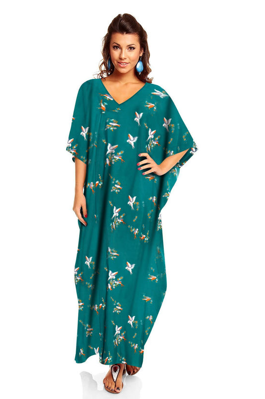 Ladies Full Length Maxi Kaftan Dress in Teal Swallow Bird Print