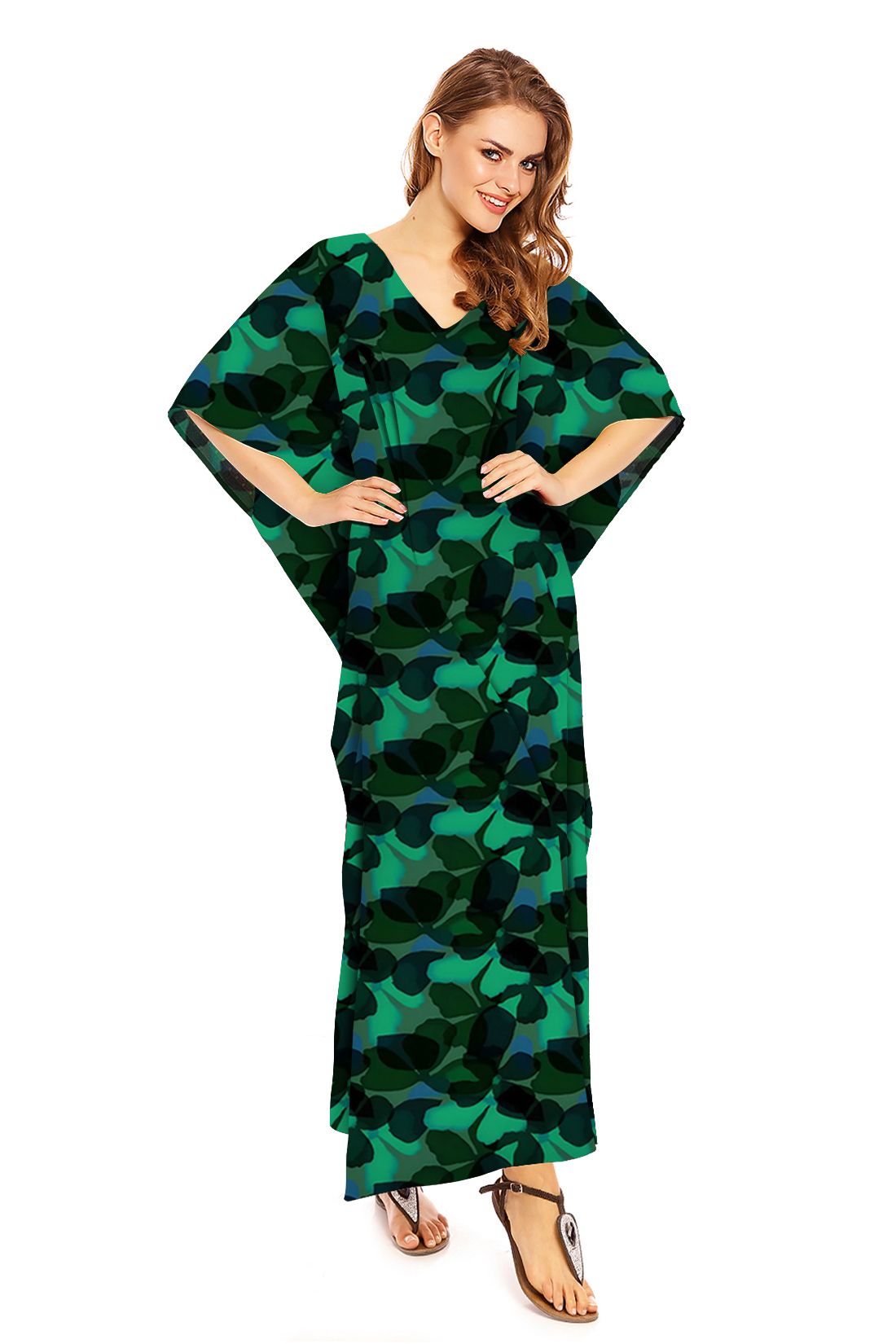 Green Floral Leaf Print Full Length Maxi Dress