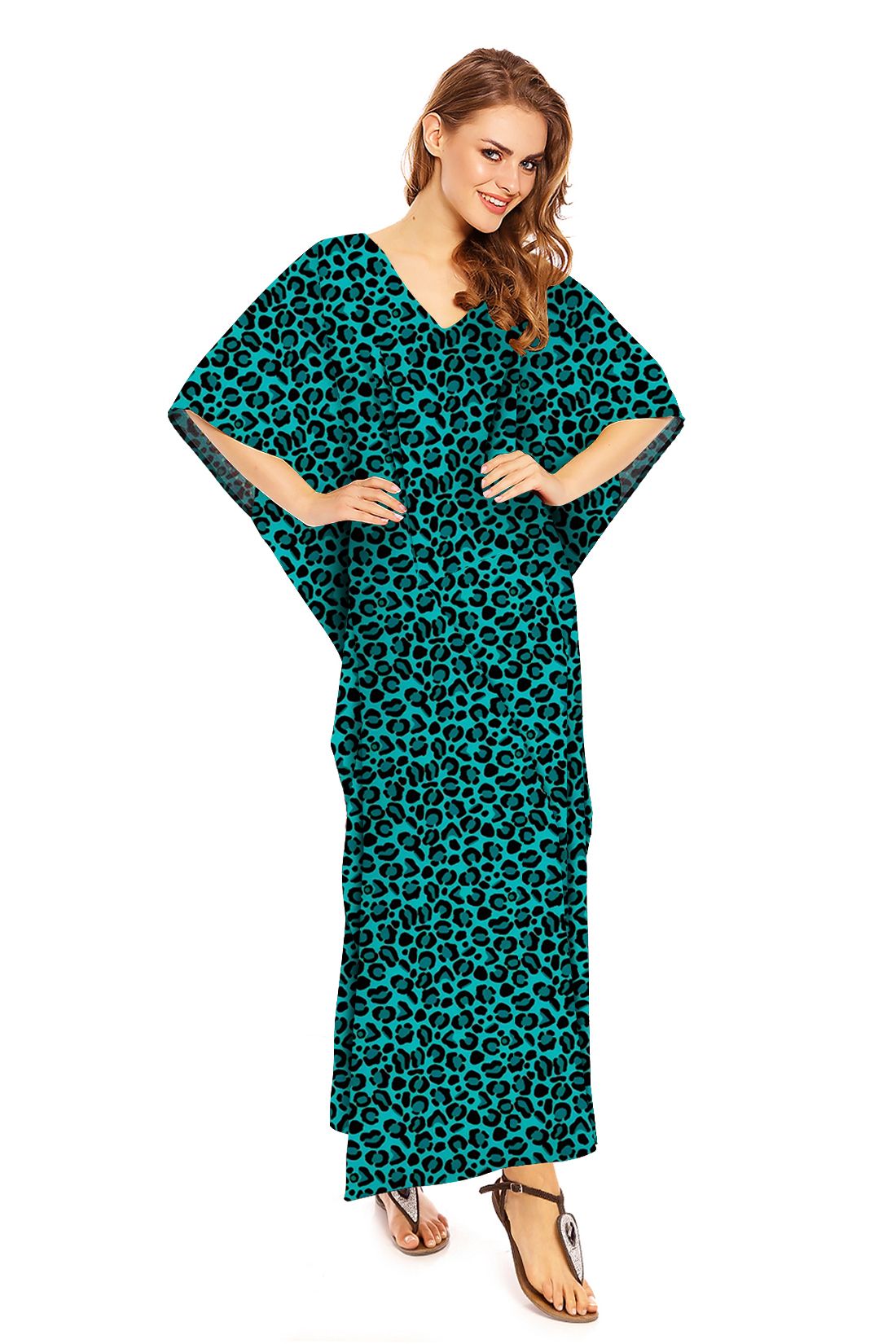 Full Length Maxi Kaftan Dress in Teal Animal Print