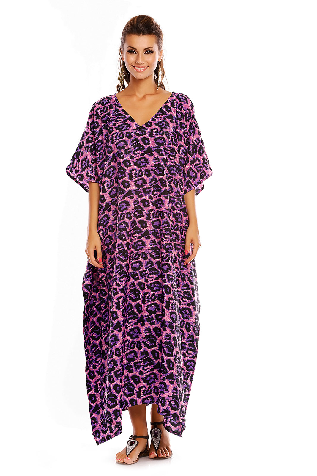 Ladies Animal Print Long Maxi Full Length Kaftan Dress Purple