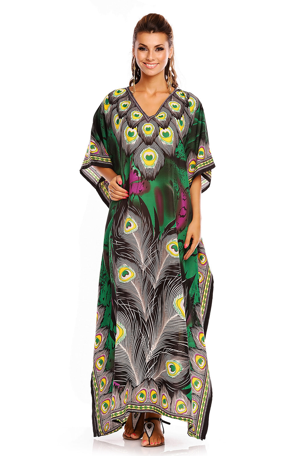 Luxury Floral Print Long Maxi Kaftan Dress in Green