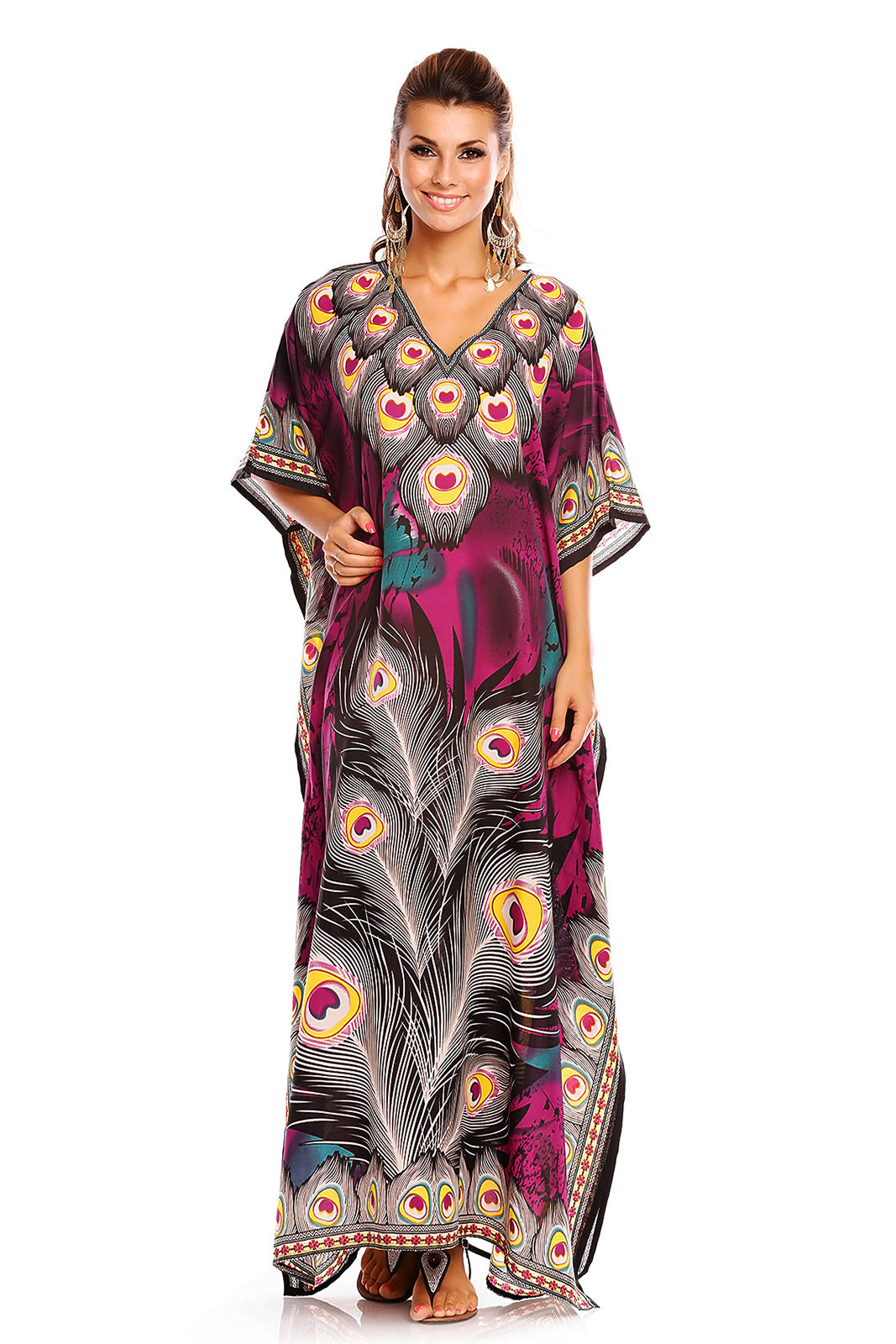 Luxury Floral Print Long Maxi Kaftan Dress in Purple