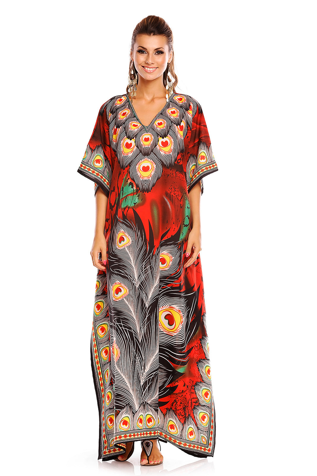 Luxury Floral Print Long Maxi Kaftan Dress in Red