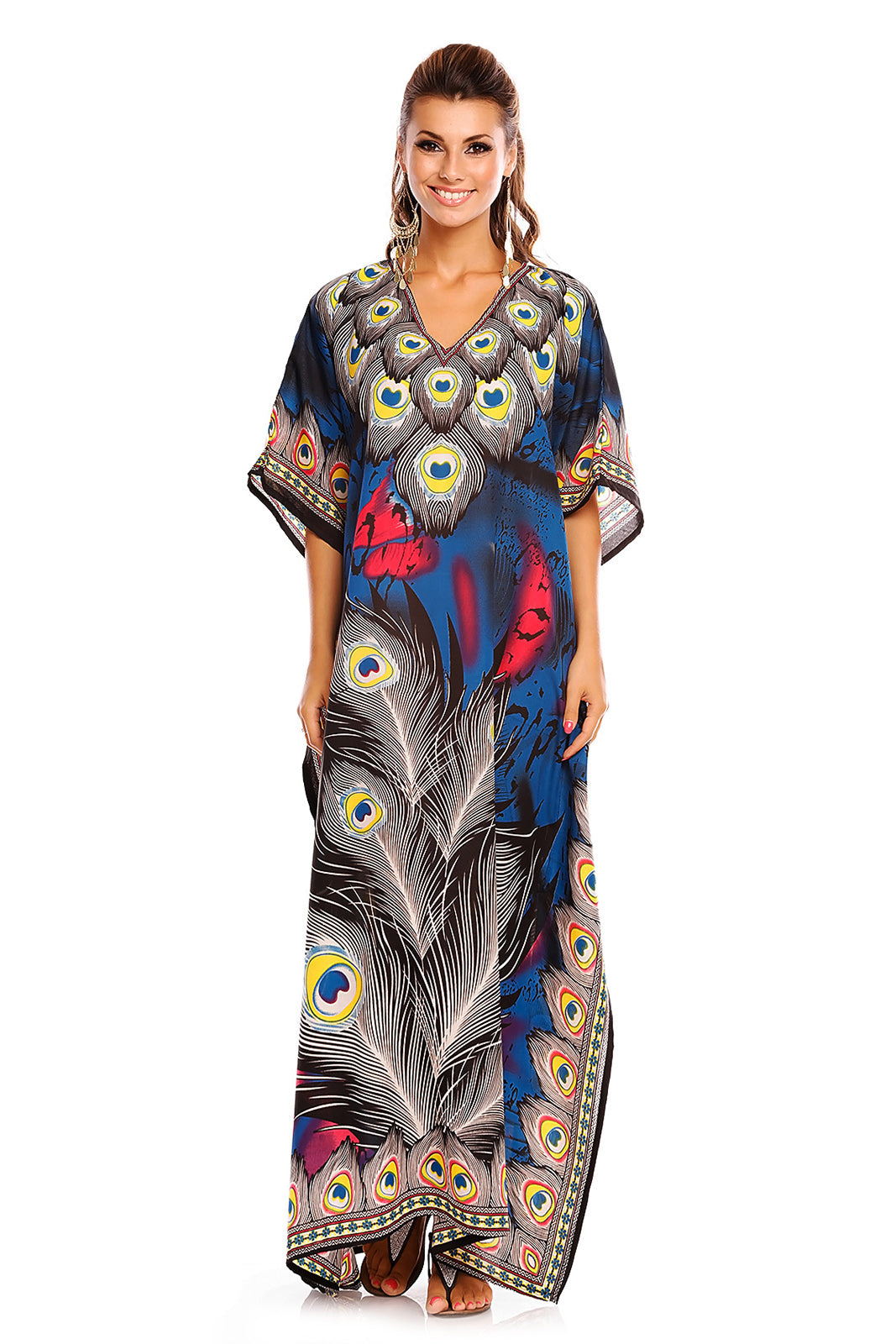 Luxury Floral Print Long Maxi Kaftan Dress in Teal