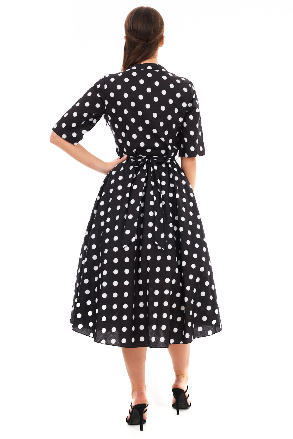 Retro Vintage 1940's Inspired Polka Dot Short Sleeve Shirt Dress -  Black