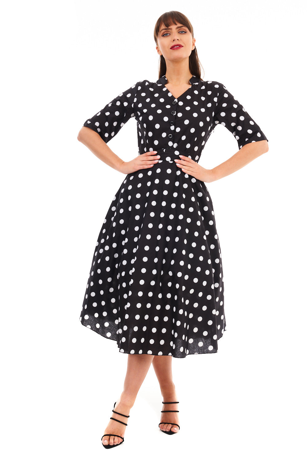 Retro Vintage 1940's Inspired Polka Dot Short Sleeve Shirt Dress -  Black