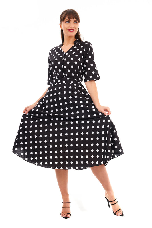 Retro Vintage 1940's Inspired Polka Dot Short Sleeve Shirt Dress -  Black