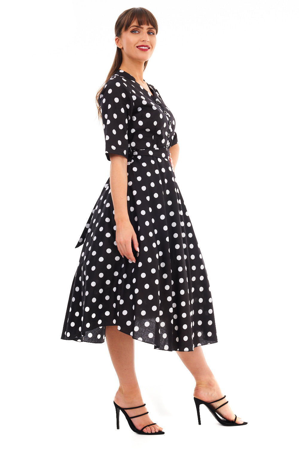 Retro Vintage 1940's Inspired Polka Dot Short Sleeve Shirt Dress -  Black