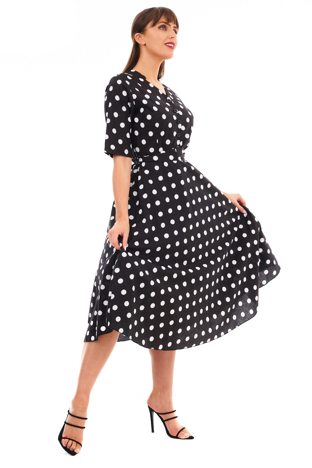 Retro Vintage 1940's Inspired Polka Dot Short Sleeve Shirt Dress -  Black