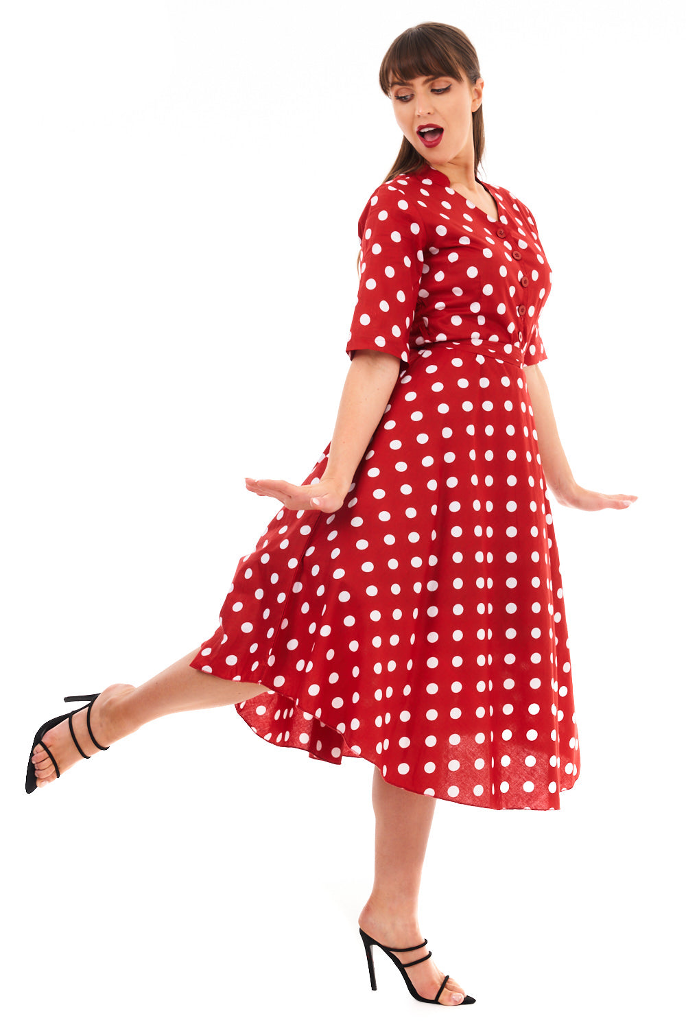 Retro Vintage 1940's Inspired Polka Dot Short Sleeve Shirt Dress -  Red