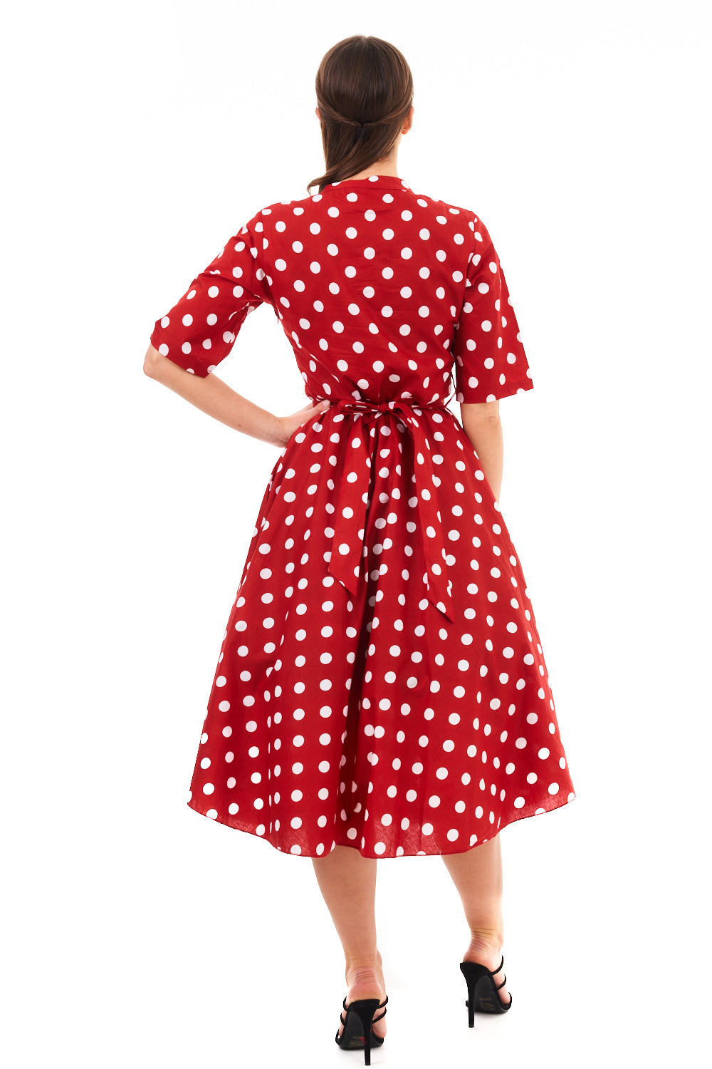 Retro Vintage 1940's Inspired Polka Dot Short Sleeve Shirt Dress -  Red