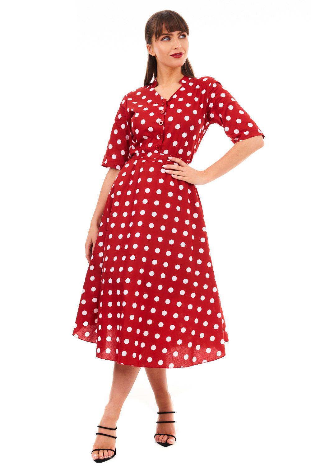 Retro Vintage 1940's Inspired Polka Dot Short Sleeve Shirt Dress -  Red