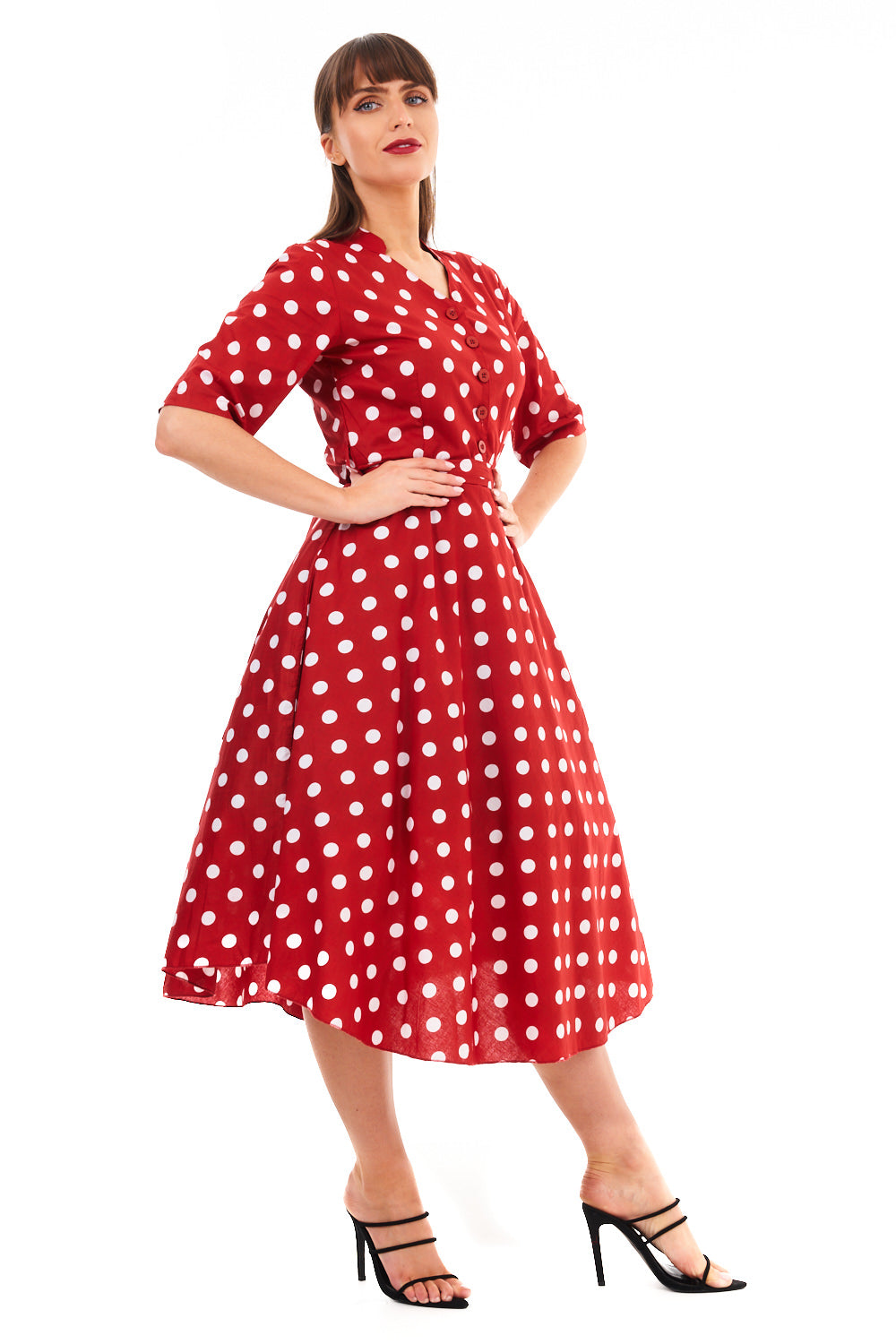 Retro Vintage 1940's Inspired Polka Dot Short Sleeve Shirt Dress -  Red