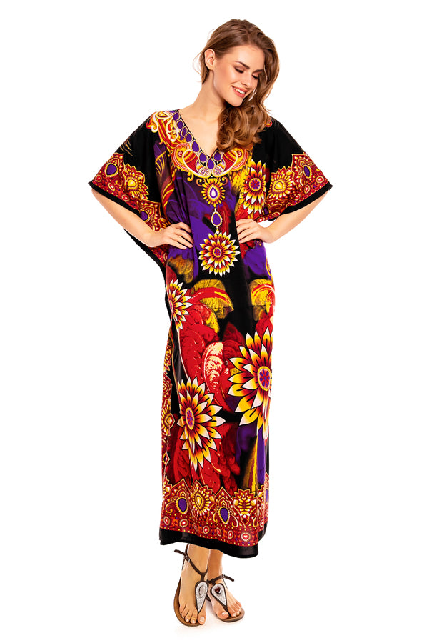 Ladies Full Length Maxi Kaftan Floral Red Dress