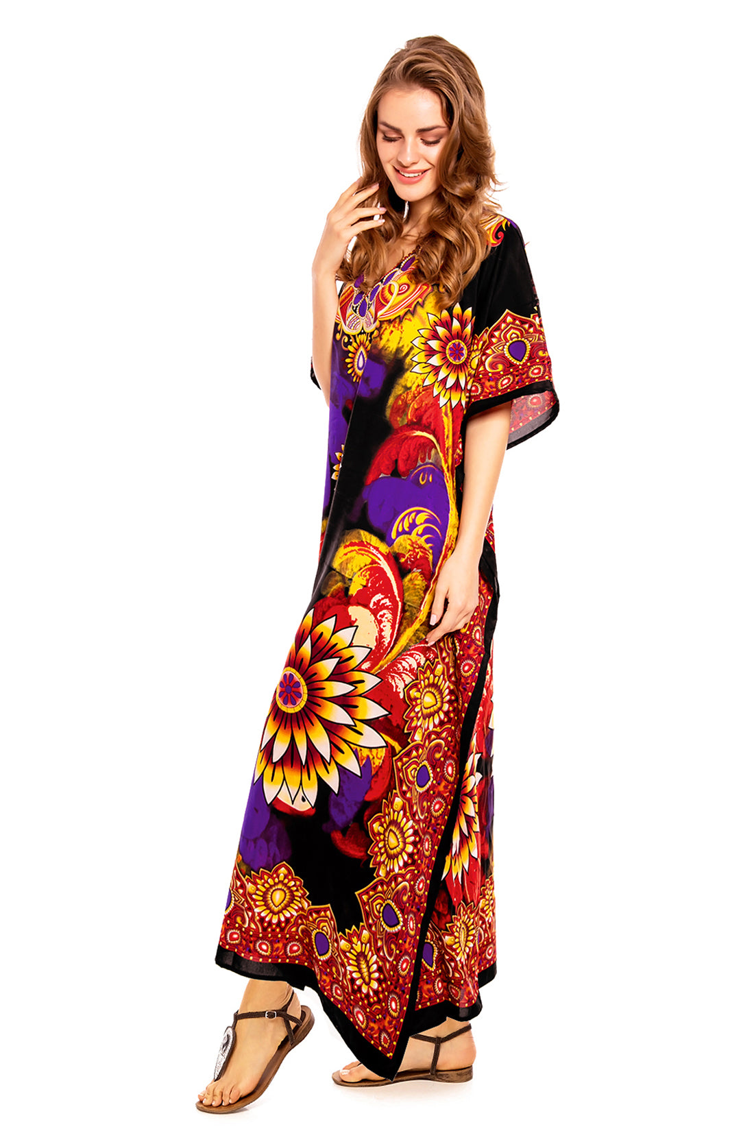 Ladies Full Length Maxi Kaftan Floral Red Dress
