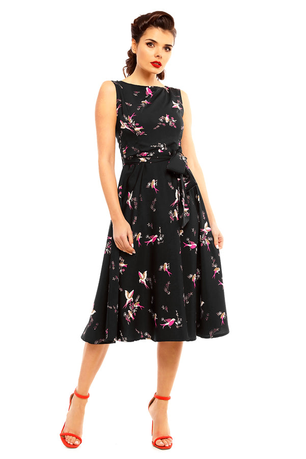 Retro Vintage Inspired Bird Print Midi Dress in Black