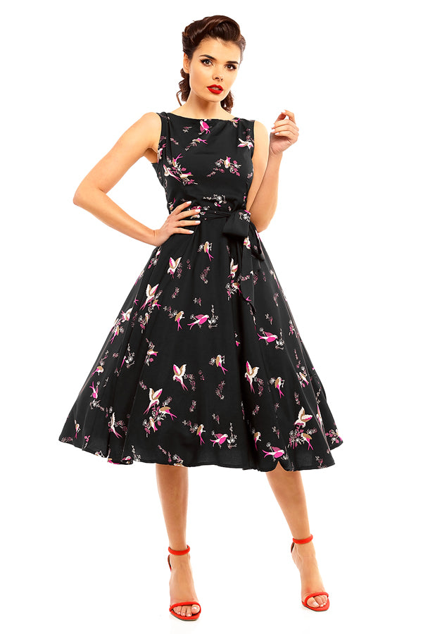 Retro Vintage Inspired Bird Print Midi Dress in Black