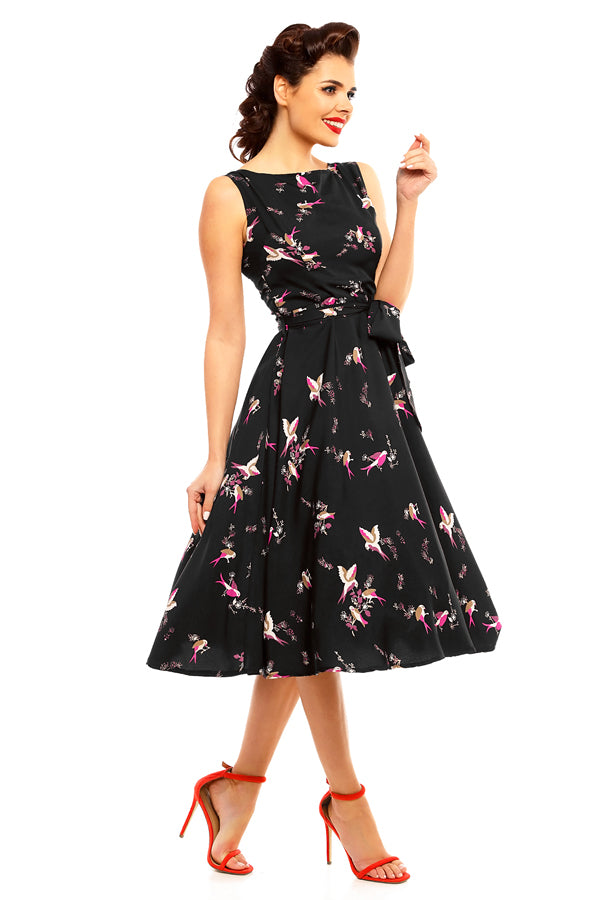 Retro Vintage Inspired Bird Print Midi Dress in Black