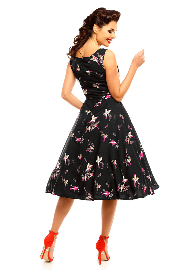Retro Vintage Inspired Bird Print Midi Dress in Black