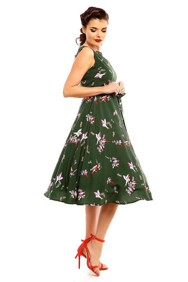 Retro Vintage Inspired Bird Print Midi Dress in Green