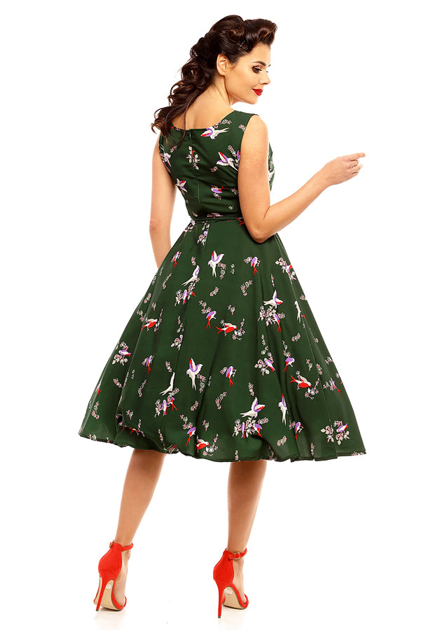 Retro Vintage Inspired Bird Print Midi Dress in Green