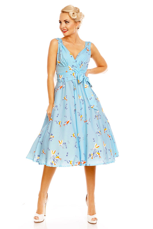 Retro Vintage 1950's Swing Bird Print Midi Dress in Blue