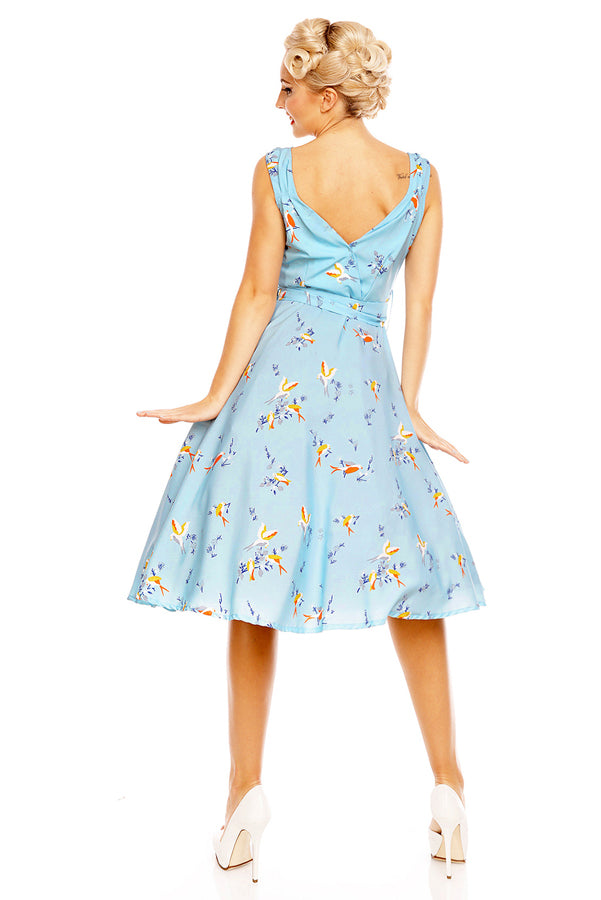 Retro Vintage 1950's Swing Bird Print Midi Dress in Blue