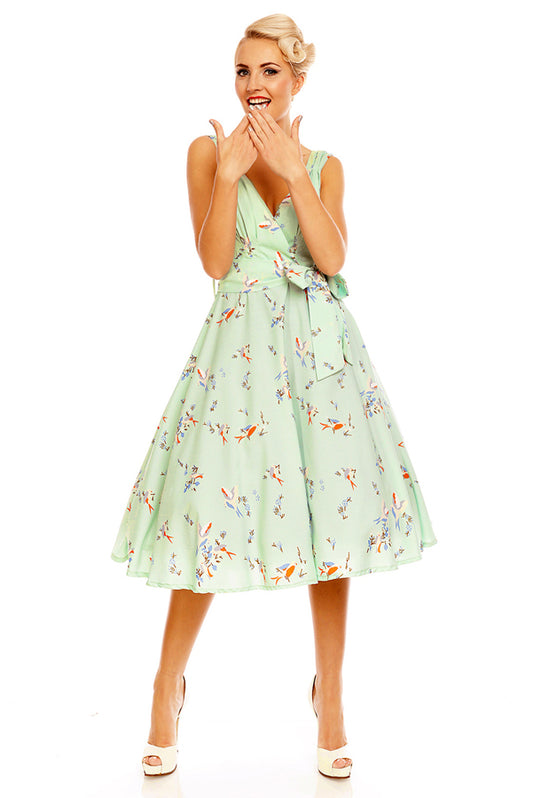 Retro Vintage 1950's Swing Bird Print Midi Dress in Mint Green