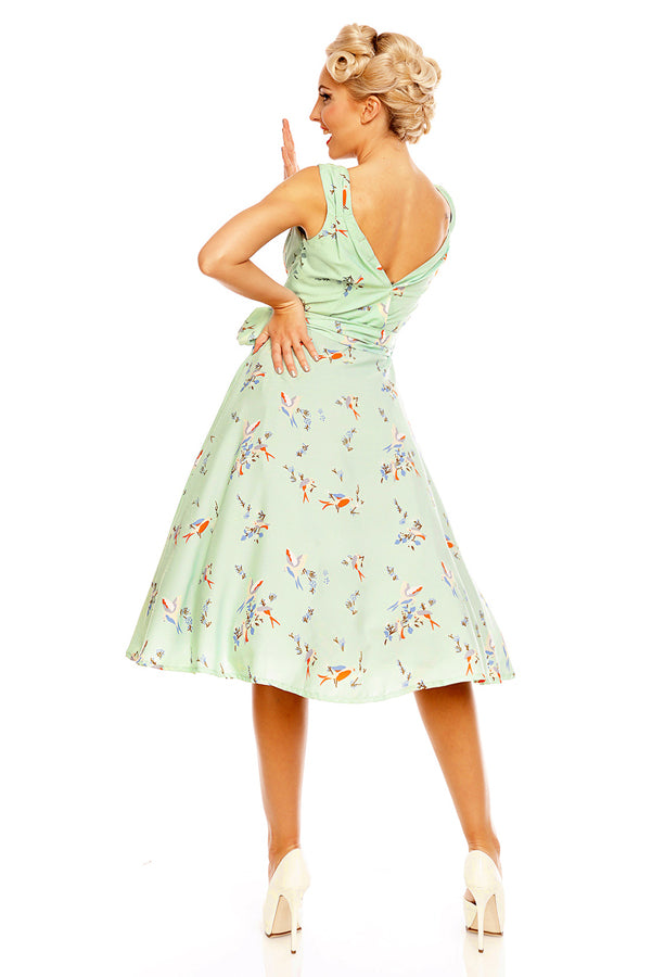 Retro Vintage 1950's Swing Bird Print Midi Dress in Mint Green