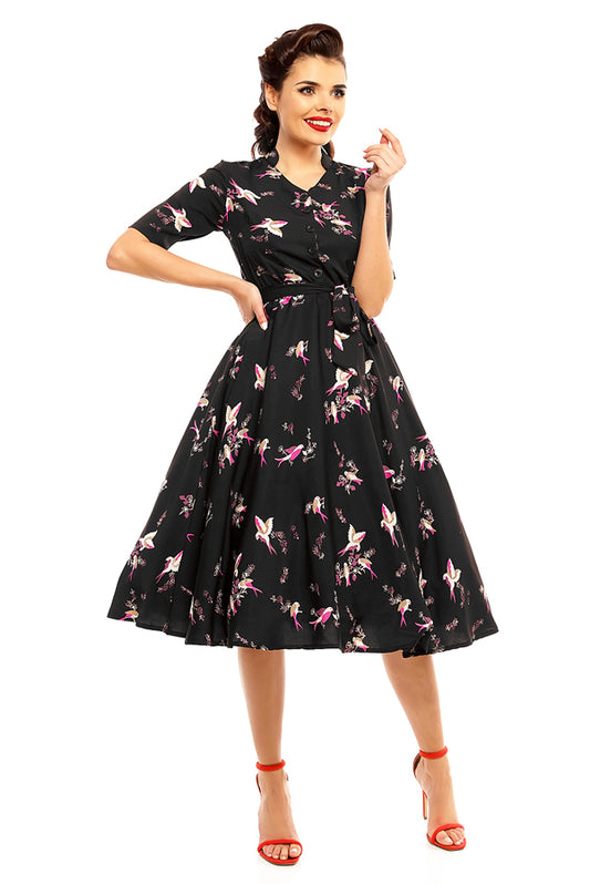 Retro Vintage 1940's Inspired Shirt Dress in Bird Print
