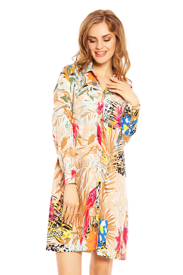 Ladies Tropical Bird Print Shirt Dress in Beige