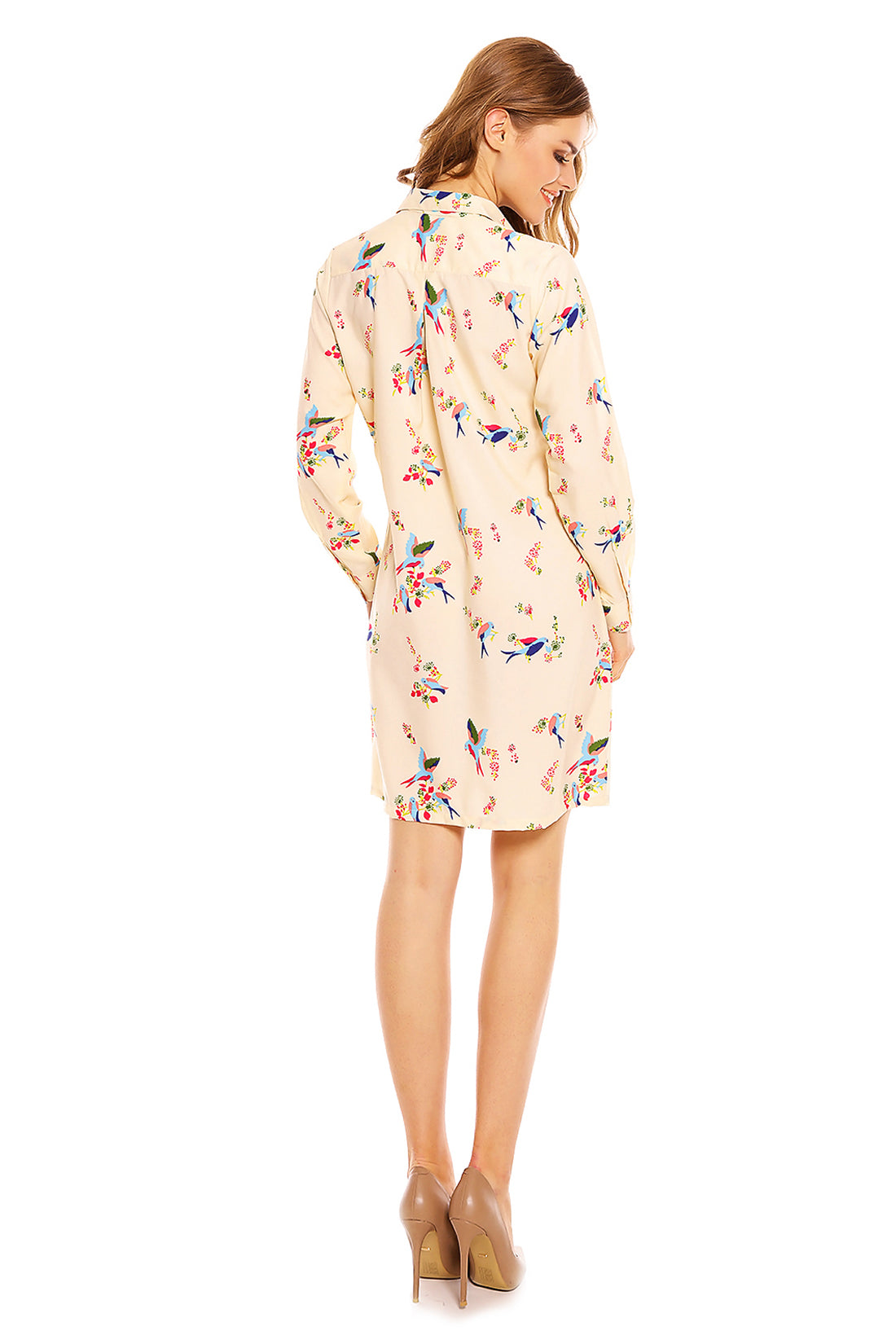 Ladies Bird Print Shirt Dress in Cream