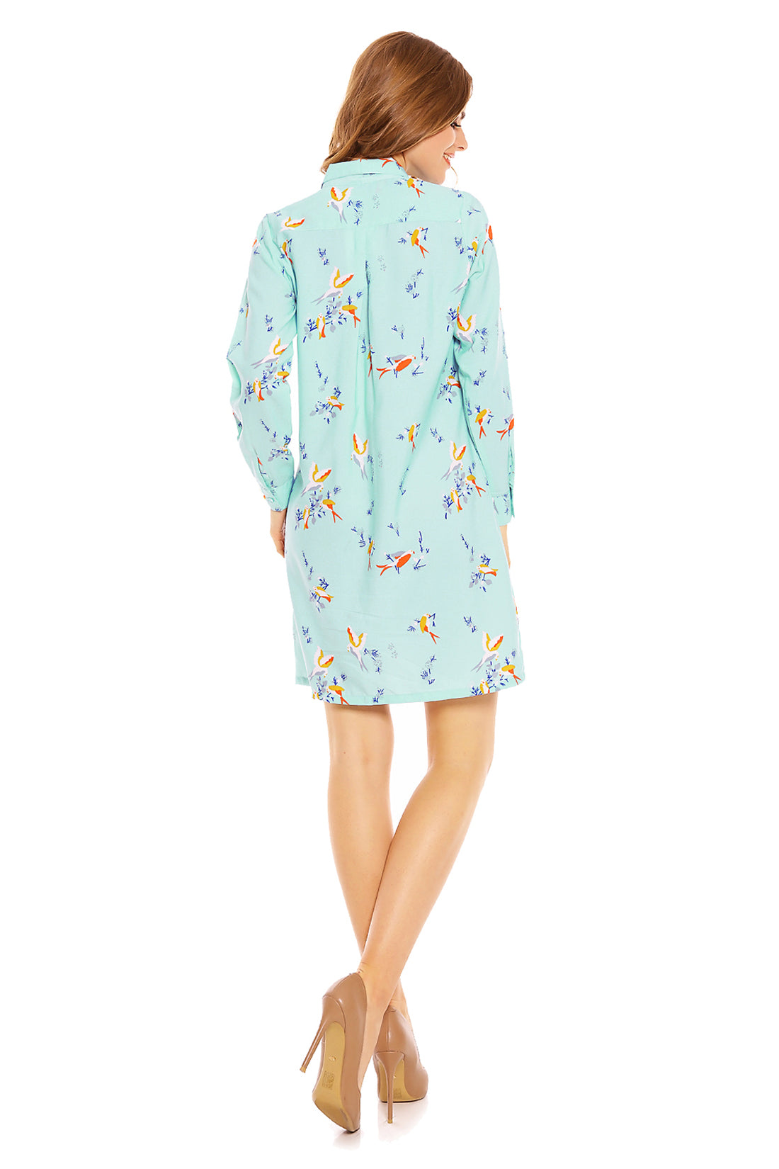 Ladies Bird Print Shirt Dress in Light Blue