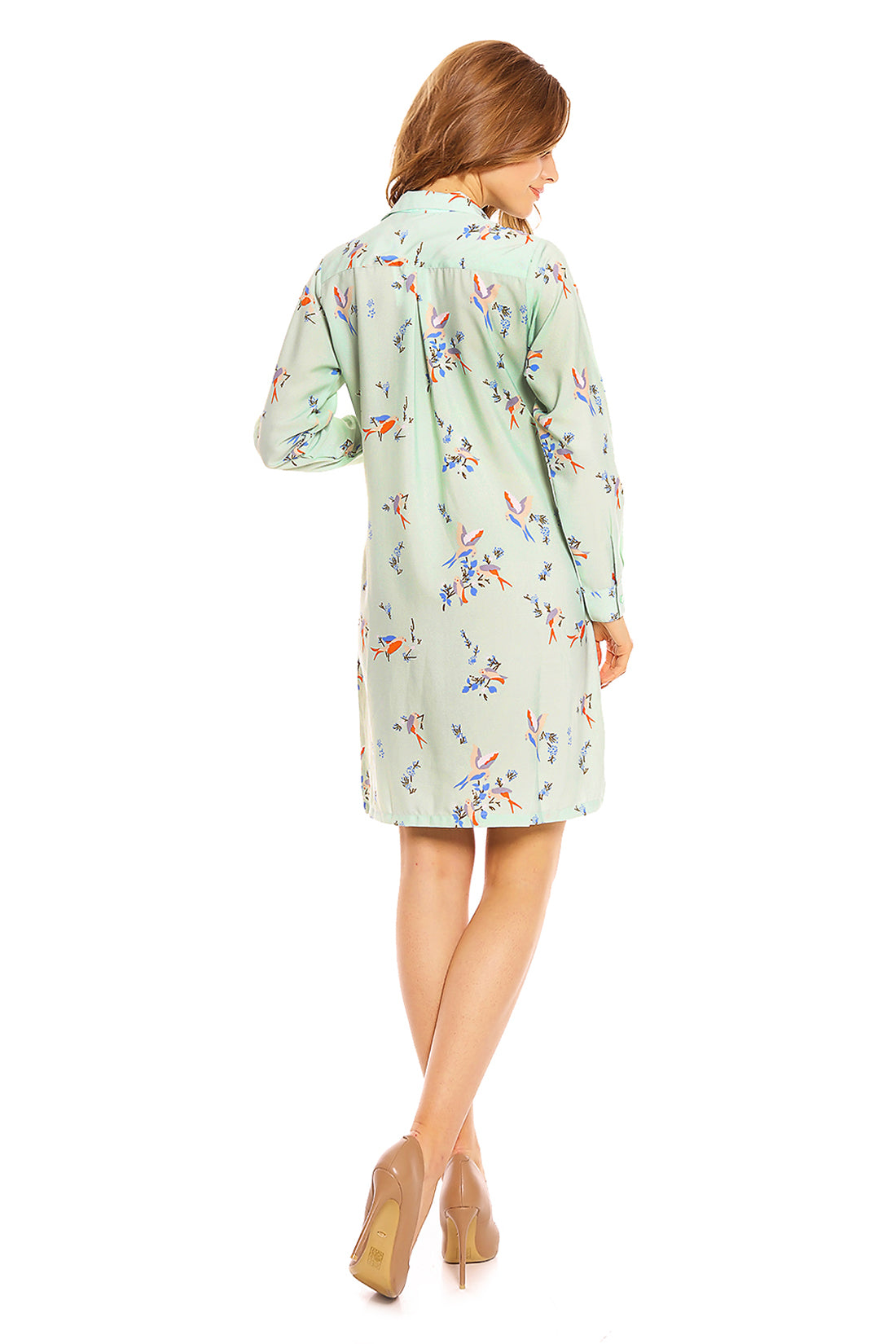 Ladies Bird Print Shirt Dress in Mint Green