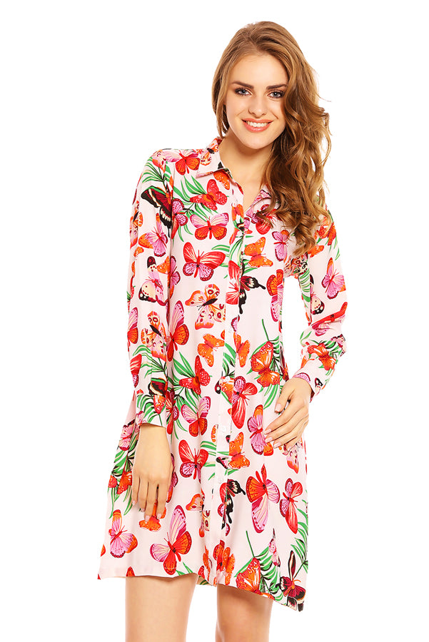 Ladies Butterfly Print Shirt Dress - Orange