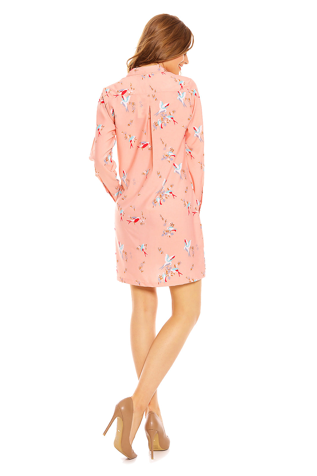 Ladies Bird Print Shirt Dress in Pink