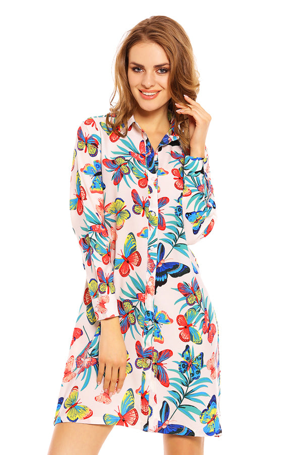 Ladies Butterfly Print Shirt Dress - Red