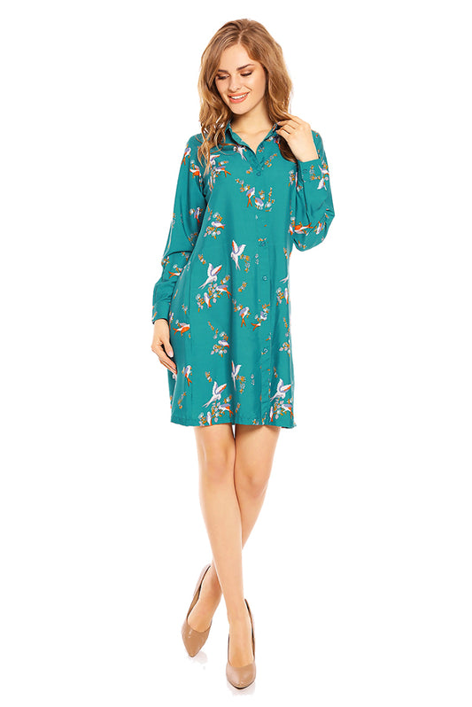 Ladies Bird Print Shirt Dress in Teal