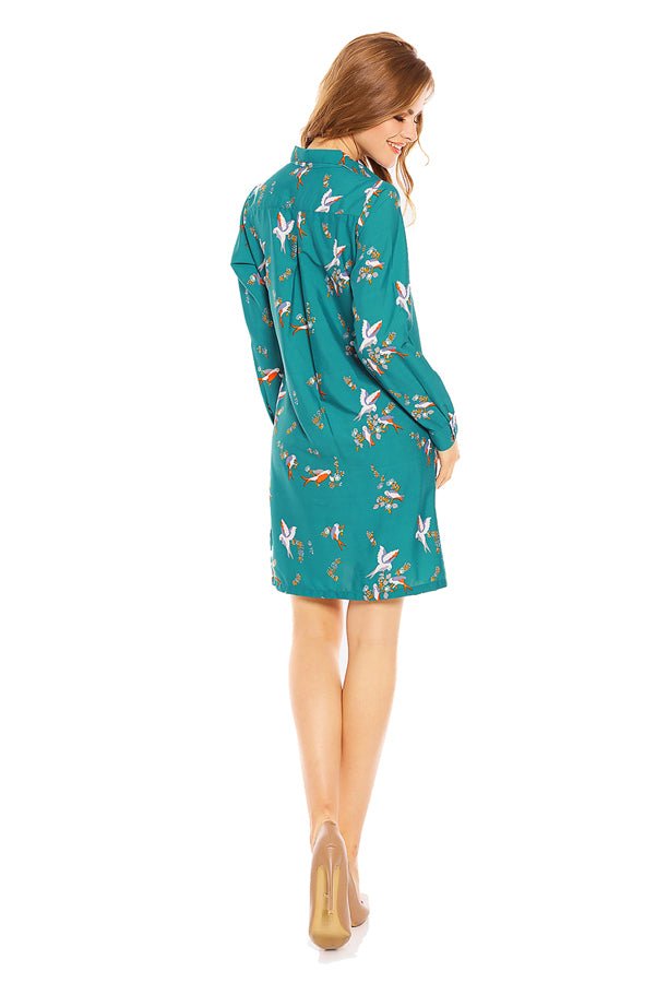 Ladies Bird Print Shirt Dress in Teal