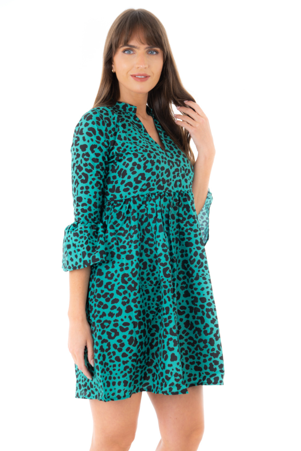 Green Animal Print Half Sleeve Midi Dress
