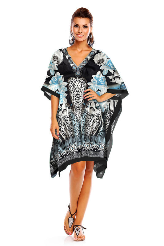Ladies Mid Length Tribal Print Kaftan Cover Up In Black