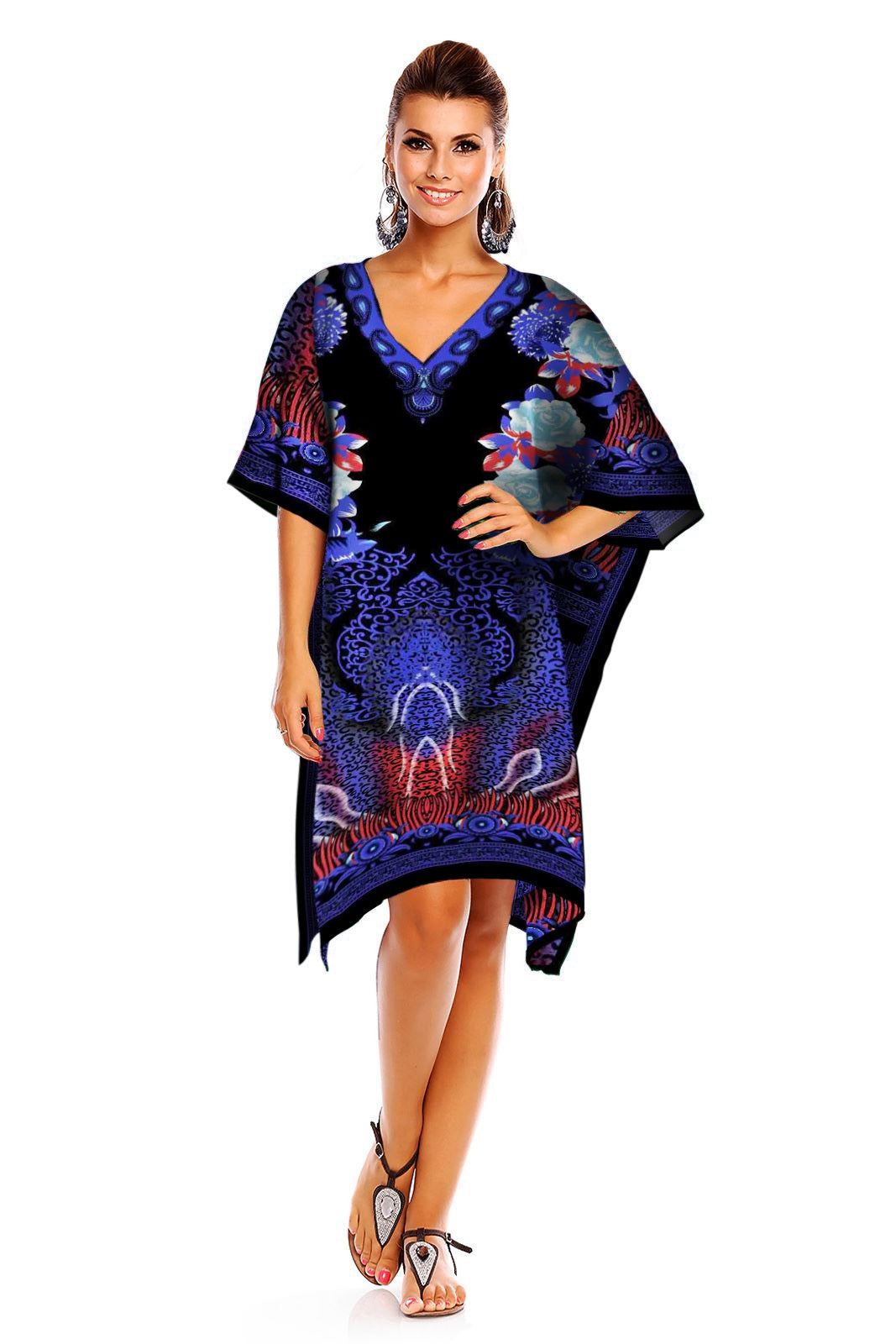 Ladies Mid Length Tribal Print Kaftan Cover Up In Blue